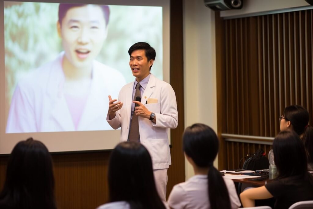 Thai dentist giving a lecture in front of students