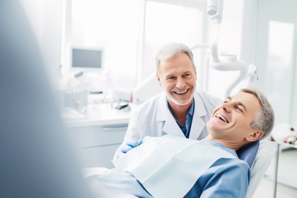 male dentist advising a patient about teeth whitening treatments in his dental clinic