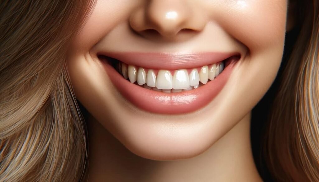 smiling female mouth with slight tooth discoloration